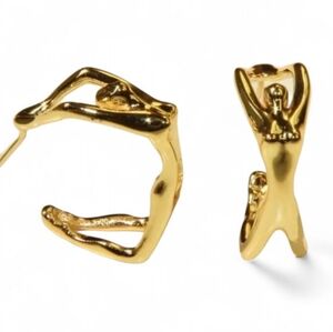 NEW! Gold Plated 3D Human Figure Minimalist Half Hoop Post Earrings